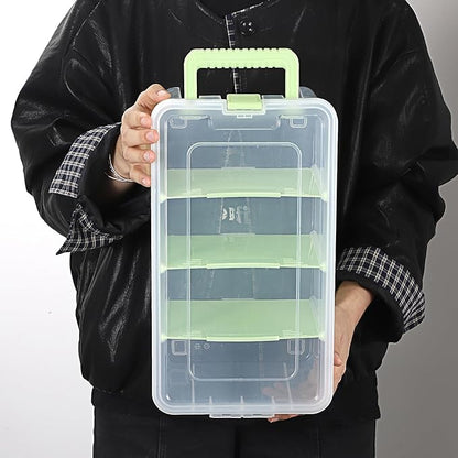 BTSKY Clear Plastic Dividing Storage Box with 4 Deep Compartments Adjustable Storage Bin with Lid Portable Craft Container Multipurpose Sewing Box Art Supply Organizer, 13.9x7.9x6.2 Inches, Green