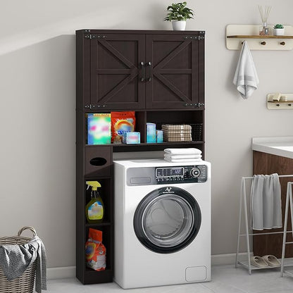 Vabches Over The Toilet Storage Cabinet, Farmhouse Storage Cabinet Over Toilet with 2 Barn Doors & Toilet Paper Holder Stand，Home Space-Saving Toilet Rack, for Laundry, Restroom, Bathroom.Walnut