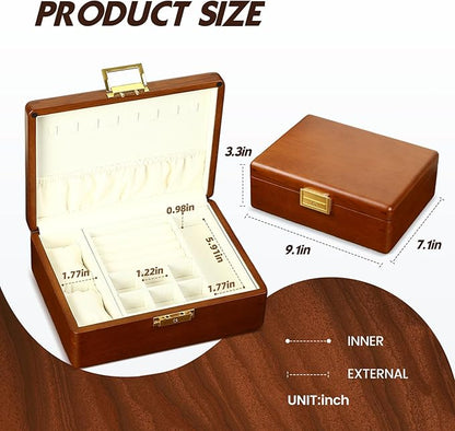 Solid Walnut Wood Jewelry Box with Lock,2 Layer Velvet Wood Jewelry Organizer Storage Lined for Earrings Rings Necklaces Bracelets Cufflink Gift Idea for Men Women, Beige