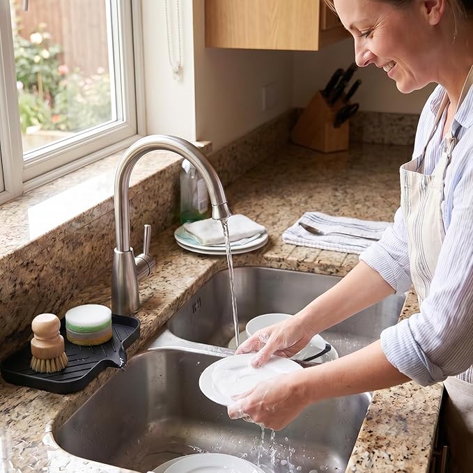MicoYang Silicone Soap Dish with Drain Spout — Self-Draining Sink Organizer Tray for Bathroom & Kitchen, Sponges, Dispensers & Soap Holder, Non-Slip & Dishwasher Safe, Black (Medium, 9.6"×5.3")