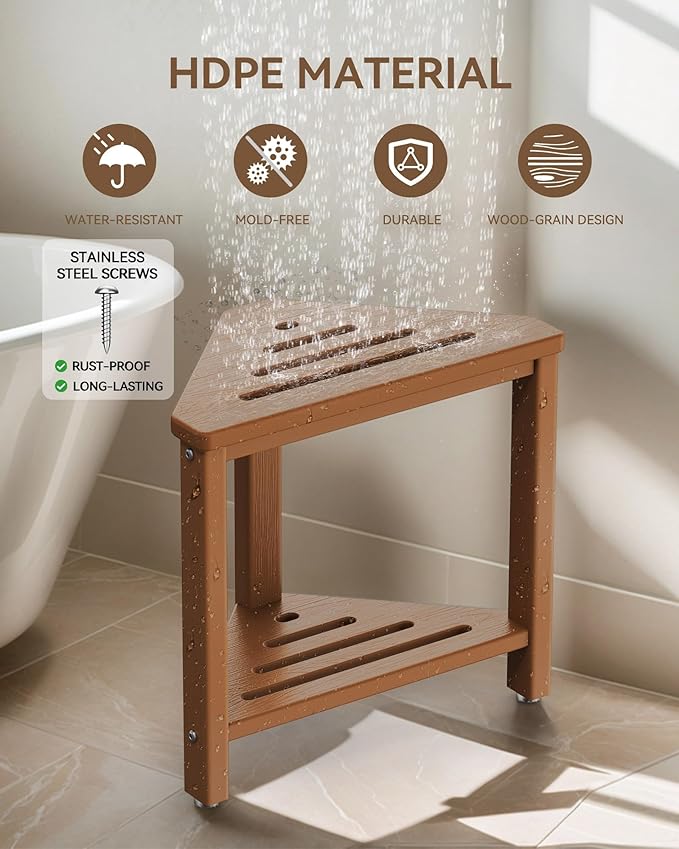Teak Shower Foot Rest 15in, HDPE Waterproof Shower Stool for Inside Shower, Corner Shower Stool for Shaving Legs with Storage Shelf for Small Space, Shower Step Stool, Plastic Corner Shower Bench