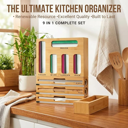 9 in 1 Storage Bag Organizer for Kitchen Drawer,Bamboo Foil and Plastic Wrap Dispenser with Cutter, Organizers Compatible Gallon, Quart, Sandwich Snack