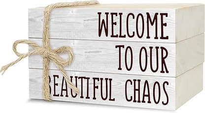 Decorative Books For Home Decor, Rustic Wood Book Stack For Table Decor, Welcome To Our Beautiful Chaos Decor Books For Living Room Bookshelf, Farmhouse Stacked Books Decor (L20)