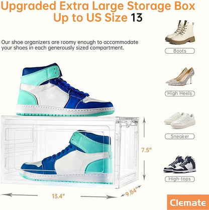Clemate Upgraded X-Large Shoe Storage Box,8 Pack,Shoe Box Clear Plastic Stackable,Drop Front Shoe Box with Clear Door,Shoe Organizer and Shoe Containers For Sneaker Display,Fit up to US Size12