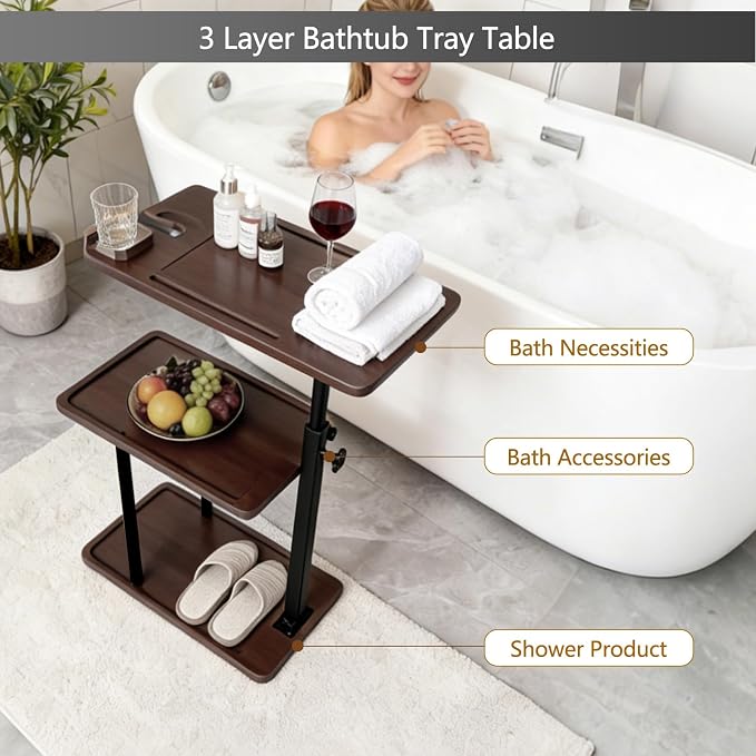 3 Layer Bathtub Tray Table,Bamboo Swivel Bathtub Side Table Height Adjustable,Freestanding Bathtub Tray for Tub Against Wall,Bathtub Accessories&Bathroom Organizer for Luxury Home Spa (Brown1)