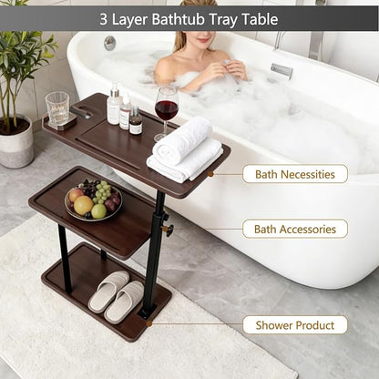3 Layer Bathtub Tray Table,Bamboo Swivel Bathtub Side Table Height Adjustable,Freestanding Bathtub Tray for Tub Against Wall,Bathtub Accessories&Bathroom Organizer for Luxury Home Spa (Brown1)