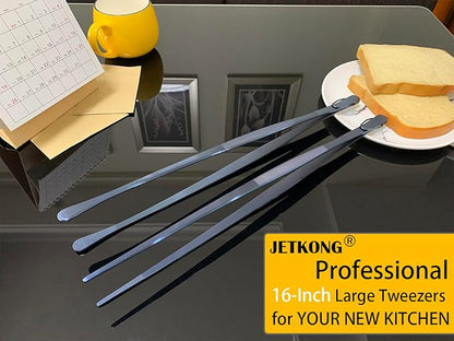 JETKONG 2 Pcs 16-Inch Heavy Duty Cooking Tweezers Extra Long Stainless Steel Kitchen Tweezers Large Plating Tongs (Navy Blue)