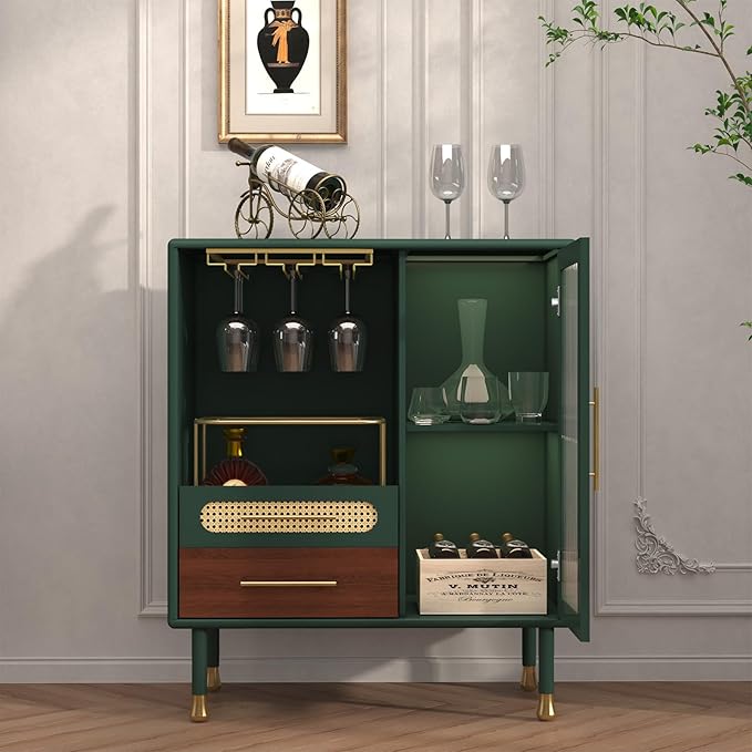 ARTPOWER Modern Coffee Bar Cabinet with Wine Glass Rack and Drawers, Green Liquor Cabinet with Pull-Out Wine Storage for Kitchen, Dining Room, Living Room | Wine Glass Rack, Drawers