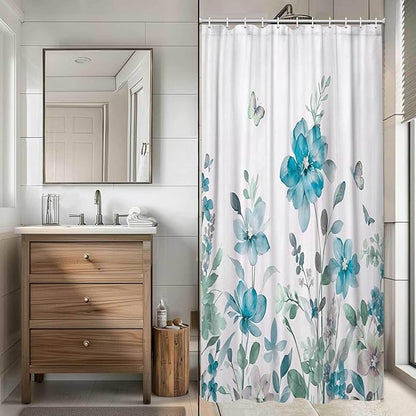 Turquoise Blue Floral Shower Curtain, Turquoise Blue Lavender Floral Butterfly Boho Shower Curtains for Bathroom, Farmhous Flower Cute Fabric Shower Curtain Set with 12PCS Hooks, 60X70IN