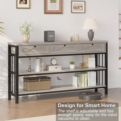 HSH Sofa Table with 3 Drawers, 55" Entryway Table with Storage Shelf, Console Table with Drawers Behind Couch for Living Room, Farmhouse Wood Metal Front Door Table for Entry Hallway, Light Grey Oak