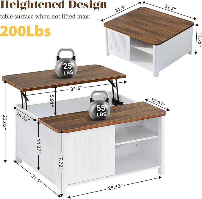 Lift Top Coffee Table with Storage, 31.5" Mid Century Modern Square Coffee Tables for Living Room, Large Hidden Storage Compartment, Adjustable Shelves & Sliding Door, White