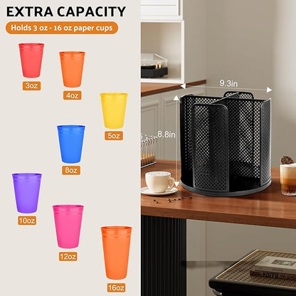 Rotating Paper Cup Dispenser, Cup Holder with 4 Compartments, Disposable Coffee Cup Dispenser Removable, Plastic Cup Storage & Lid Holder for Countertops, Kitchen, Coffee Stations (Black)
