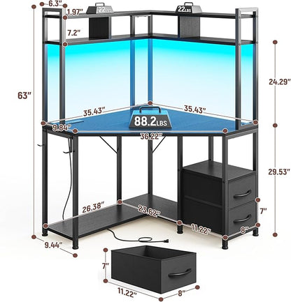 Corner Desk,35.4" W x 63" H Small Computer Desk and Office Desk with Hutch & LED Lights，Gaming Desk with Storage Drawers & Shelves and Hook for Small Space,Black
