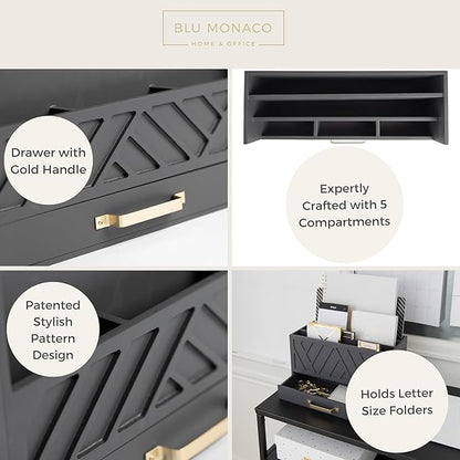 BLU MONACO | Wooden Mail Organizer with Drawer Gold Handle | Mail Sorter Organizer Countertop and Outgoing Mail Holder | Tabletop Organizer with Drawers Grey Desk Storage