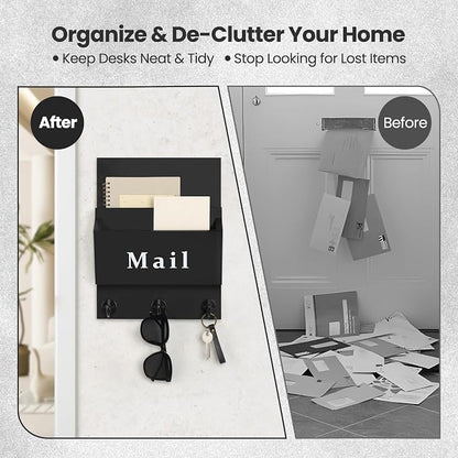Mail and Key Holder - Decorative 8.86" x 11.42" Wall Key Hanger with 2 Mail Organizer Slots and 3 Hooks - Real Paulownia Wood with Keyhole Brackets, Hardware and Instructions (Black)