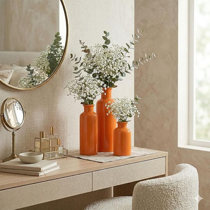 Ceramic Vase Set - 3 Orange Small Vases, Farmhouse Country Flower Vase Home Decor, Living Room Decoration, Table Decoration, Fireplace Decor, and Entrance Decorations Centerpieces