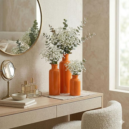 Ceramic Vase Set - 3 Orange Small Vases, Farmhouse Country Flower Vase Home Decor, Living Room Decoration, Table Decoration, Fireplace Decor, and Entrance Decorations Centerpieces