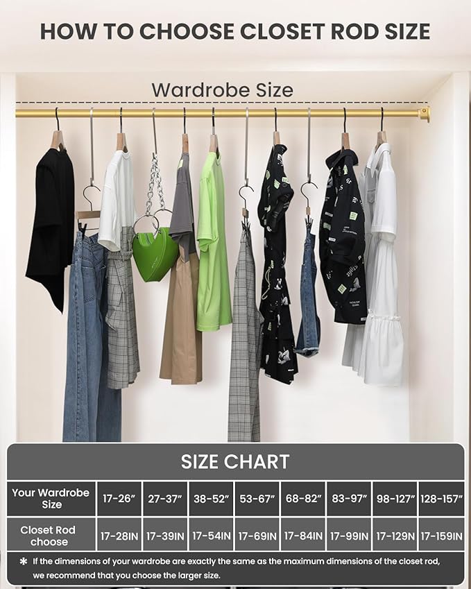 Supforce 5 Pack Closet Rods for Hanging Clothes, 17 to 28 Inches Stepless Adjustable Metal Closet Rod, 1.3 Inches Heavy Duty Clothes Hanging Rod for Closet Wardrobes Laundry RV, Golden
