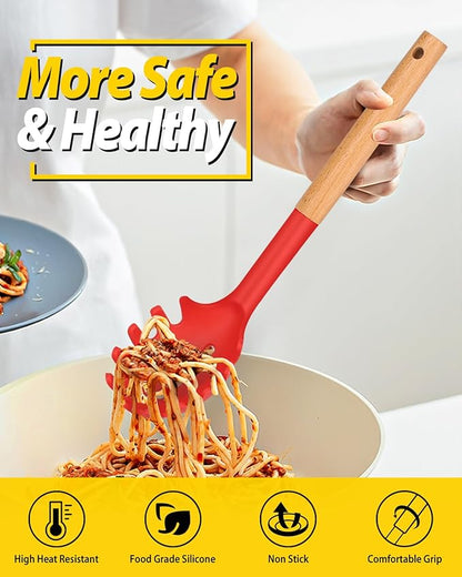Silicone Pasta Fork and Ladle Spoon Set with Wooden Handle, Heat Resistant Non Stick Kitchen Utensils for Cooking, Stirring, Serving Spaghetti, Soup, Sauce(RED)