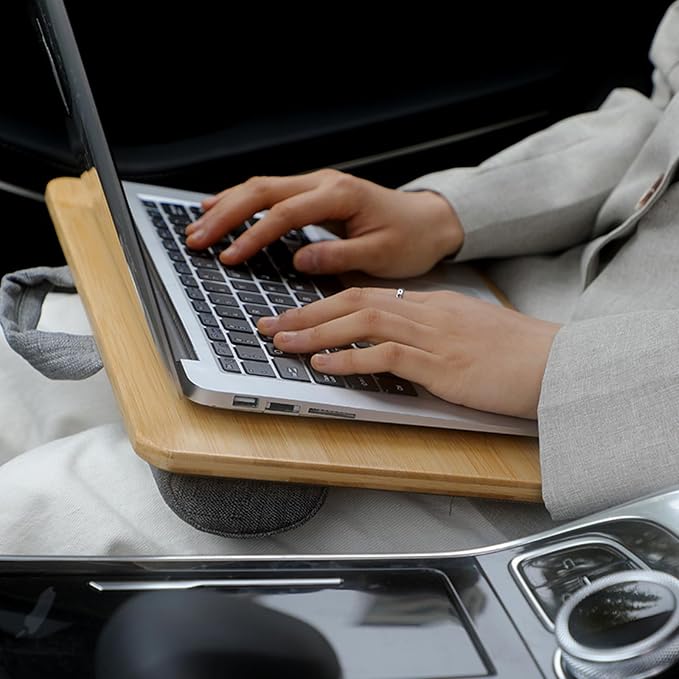 Lap Desk for Laptop with Cushion, Bamboo Laptop Stand with Anti-Slip Strip Tablet Phone Holder, Fits up to 14 inch Portable Computer Lap Desk for Couch, Bed & Car