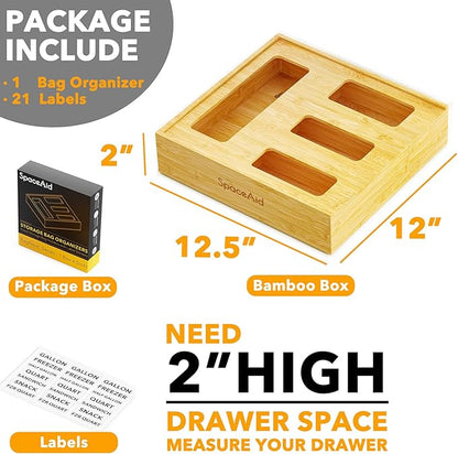 SpaceAid Bag Storage Organizer for Kitchen Drawer, Bamboo Organizer, Compatible with Gallon, Quart, Sandwich and Snack Variety Size Bag (1 Box 4 Slots, Natural, 2" High)