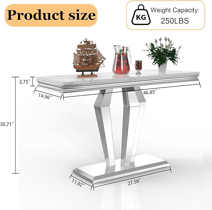 47 inch Silver Console Table, Modern Entryway Table with Diamond-Shaped Metal Base for Entrance, Hallway, Living Room (White Faux Marble & Silver)