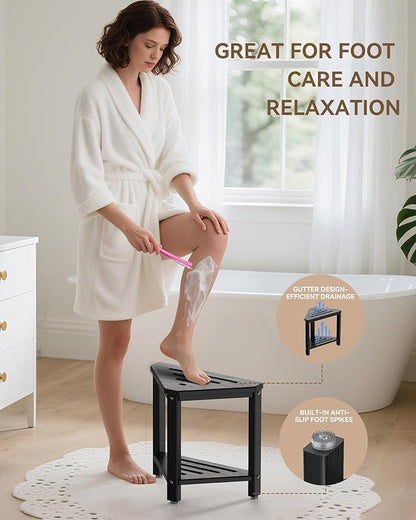 Shower Foot Rest 15in, HDPE Waterproof Shower Stool for Inside Shower, Corner Shower Stool for Shaving Legs with Storage Shelf for Small Space, Shower Step Stool, Plastic Corner Shower Bench, Black