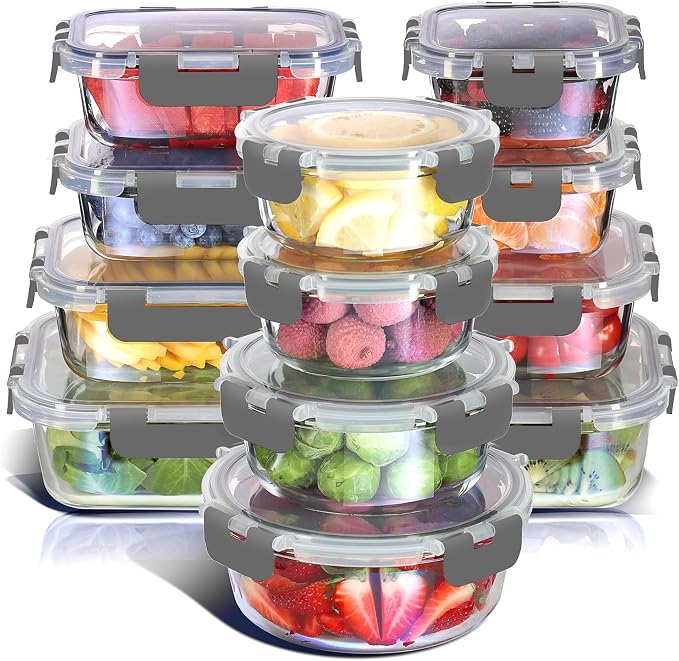 Nestl 24pc Glass Storage Containers with Lids, 12 Glass Food Storage Containers with 12 Airtight Lids for Pantry & Kitchen, Meal Prep Containers for Lunch, Oven Microwave & Dishwasher Safe, Gray