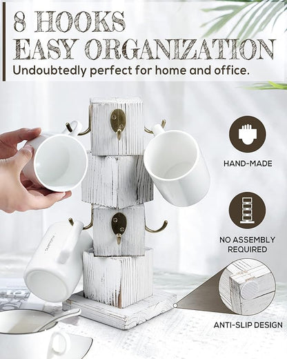 PUERSI Coffee Mug Holder for Counter, Rustic Solid Wood Mug Tree, Farmhouse Wooden Coffee Cup Rack with 8 Hooks (Farmhouse White)