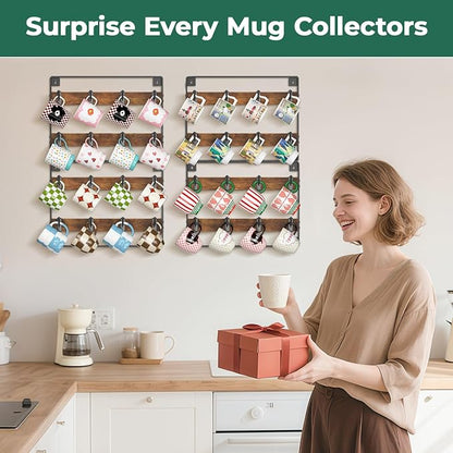 EsLuker.ly Mug Holder Hanger Rack Wall Mounted Wooden 4 Pack Coffee Cup Storage Organizer Display Shelf with 32 Movable Plastic Hooks, Ideal for Mug Collectors