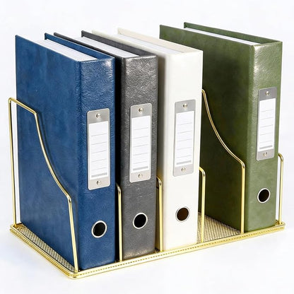 Gold Binder Organizer for Desk, 5 Slot Metal Wire Vertical File Sorter with Mesh Bottom, Large Desktop Magazine Holder Rack for 2 Inch Binders, Medical Coding Books, Vinyl Records, 12.1"