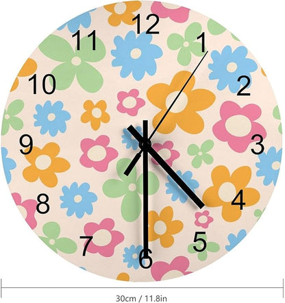Flower Wall Clock Silent Non Ticking Battery Operated, Cartoon 70s Cute Flower Abstract Pastel Daisy Floral Clock Decorative for Bathroom Kitchen Bedroom Living Room(12 Inch)