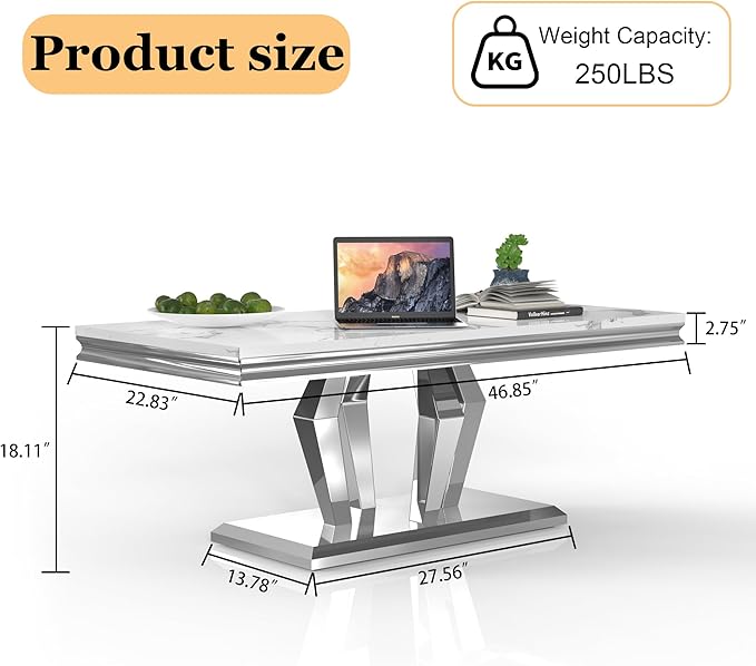 Modern Marble Coffee Table, 47" Living Room Table with Diamond-Shape Stainless Steel Base and Thickened Faux Marble Top for Living Room, Bedroom, Lounge (Silver,White)