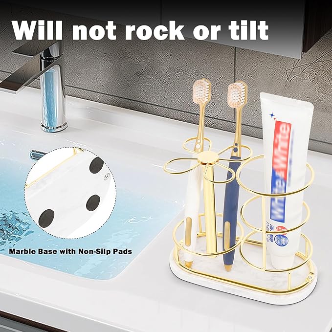 Toothbrush Holder Stand for Bathroom, Metal Toothbrush Organizer with Marble Base, Toothbrush Storage Collection for Family, Suitable for Home Hotel Countertop Vanity (Medium, Gold)