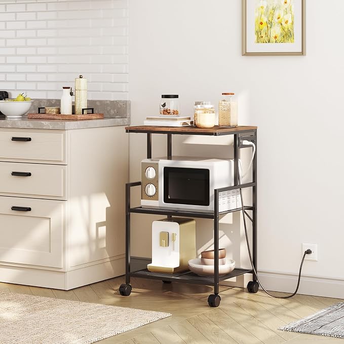 MAHANCRIS Mobile Printer Stand, 3-Tier Industrial Printer Cart with Power Outlets and 2 USB Ports, Rolling Printer Table on Wheels for Home Offices Kitchen Organization Rack, Rustic Brown PTHR78E01