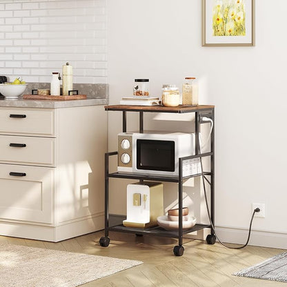 MAHANCRIS Mobile Printer Stand, 3-Tier Industrial Printer Cart with Power Outlets and 2 USB Ports, Rolling Printer Table on Wheels for Home Offices Kitchen Organization Rack, Rustic Brown PTHR78E01