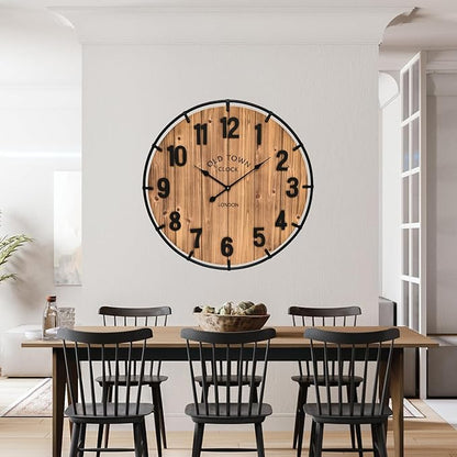 MICWIC 30 Inch Farmhouse Wall Clock Large Old Town Vintage Rustic Wooden Clock with Metal Rim and Large Numerals, Silent Battery-Operated for Office, Kitchen, Bedroom, and Living Room