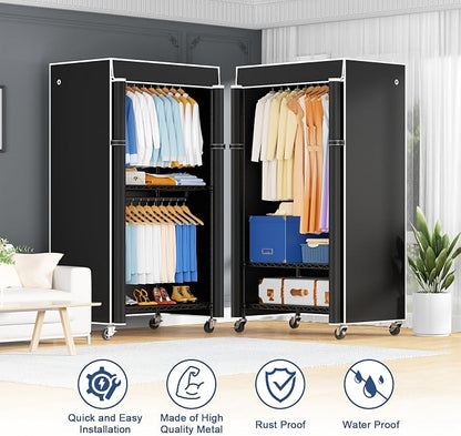 ULIFHOME P8C Heavy Duty Clothes Rack（With Extended Width Design） Rolling Clothing Racks for Hanging Clothes with Lockable Wheels，31.5" W x 15.8" D x 80.5" H，Max Load 600LBS，Black Rack with Black Cover