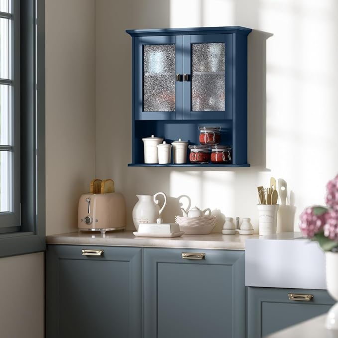 Wall Mount Bathroom Storage Cabinet, Medicine Cabinet with Tempered Glass Door and Buffering Hinge Over Toilet Storage Cabinet Wall Mounted Organizer Above Toilet Storage (Ultramarine)