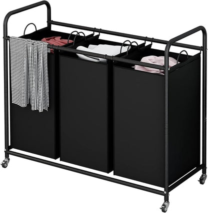 LINZINAR 3-Bag Laundry Basket, Black Laundry Hamper, Laundry Sorter Cart Laundry Room Organization with Heavy Duty Rolling Lockable Wheels and Removable Bags (135 L, 35.6 Gal)