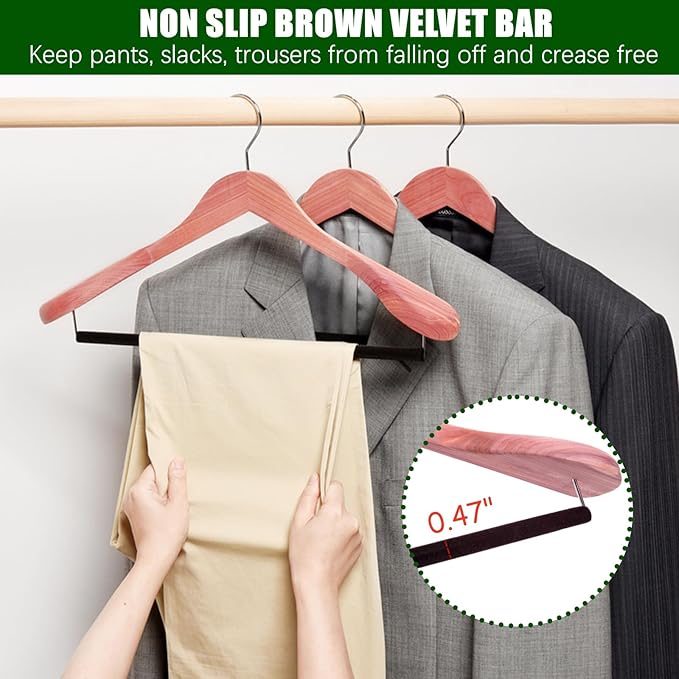 Amber Home 10 Pack American Red Cedar Wood Coat, Suit Hangers with Extra Wide Shoulder, Wooden Jacket Clothes Hanger Smooth Deluxe Aromatic Natural Cedar with Non Slip Velvet Pant Bar