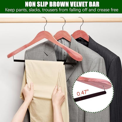 Amber Home 10 Pack American Red Cedar Wood Coat, Suit Hangers with Extra Wide Shoulder, Wooden Jacket Clothes Hanger Smooth Deluxe Aromatic Natural Cedar with Non Slip Velvet Pant Bar