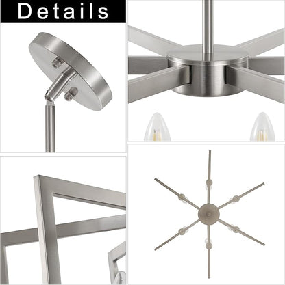 6-Light Modern Metal Geometric Chandelier，Kitchen Island Brushed Nickel Lighting Fixtures，Entryway Light Fixture Hanging Brushed Nickel，Farmhouse for Dining Room Chandelier