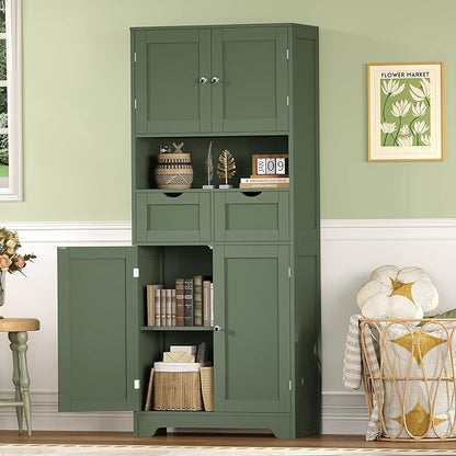TEENFON 57.8" H Tall Bathroom Storage Cabinet with 2 Drawers & 2 Adjustable Shelves, Floor Cabinet with 4 Doors, Tall Cabinet for Living Room, Dining Room, Entryway, Forest Green