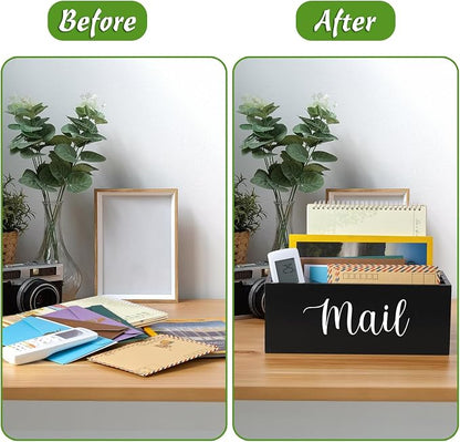 DRASTAR Mail Organizer Countertop, Wooden Mail Holder with 3 Slots, Desktop Mail Organizer, Black Mail Sorter for Home Office Accessories