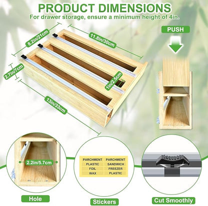 MSJGA Magnetic Plastic Wrap Dispenser with Cutter, 3 in 1 Refrigerator Bamboo Organizer for Tin Foil, Baking Paper, Wax Paper Holder Kitchen Storage Box Compatible