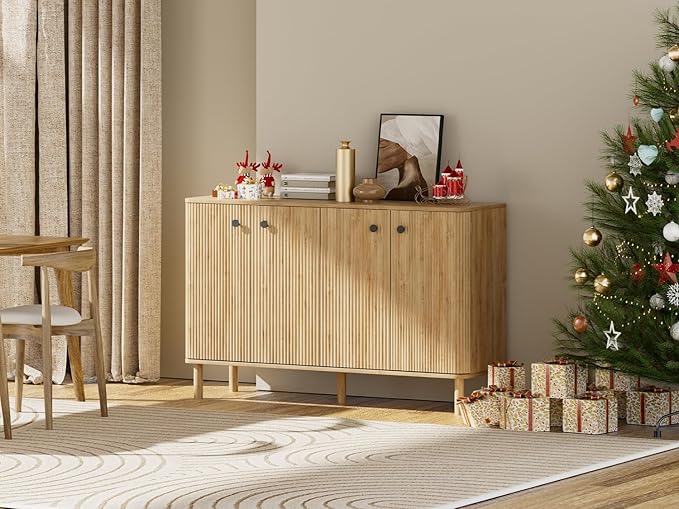 Fluted Sideboard Cabinet, Modern Buffet Cabinet, Storage Cabinet with Adjustable Shelves & Solid Wood Legs, Accent Credenza Sideboard for Kitchen, Coffee Bar, Living Room, Entryway, Hallway