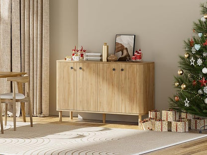 Fluted Sideboard Cabinet, Modern Buffet Cabinet, Storage Cabinet with Adjustable Shelves & Solid Wood Legs, Accent Credenza Sideboard for Kitchen, Coffee Bar, Living Room, Entryway, Hallway