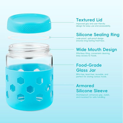 MICEBAY 16oz Overnight Oats Containers with Silicone Sleeves, 4-Pack Wide Mouth Glass Mason Salad Jars with Airtight Lids, BPA-Free Dishwasher Safe Leak-Proof Chia Seed Pudding Jar Meal Prep Container