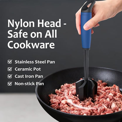 Ourokhome Meat Chopper and Potato Masher, Heat Resistant Nylon Ground Beef Smasher for Hamburger, 5 Curved Blades Nonstick Safe Mixer & Stirrer, Practical Kitchen Gadgets, Navy.